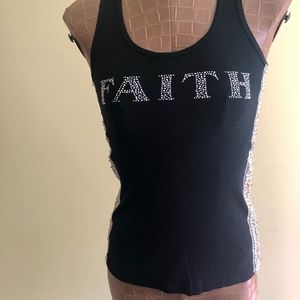 NWOT, Tank Top with studs worded “FAITH” Sides with Lace and Sequins